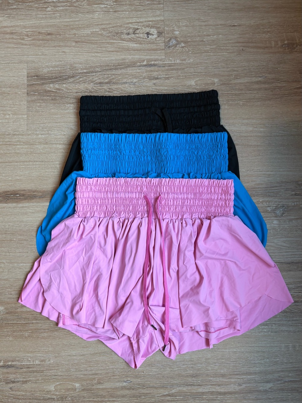Women’s High-Waisted Flowy Athletic Shorts — Pink / Blue / Black Bundle